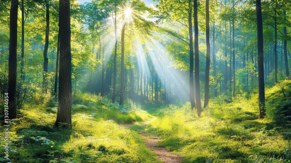 Fototapeta premium A serene forest scene illuminated by sunlight filtering through trees, casting vibrant rays on a lush, green path.