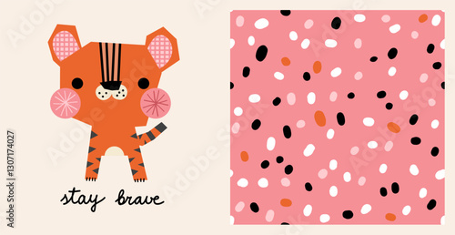 Cute kid tiger seamless pattern animal safari abstract minimalistic simple background wallpaper scandinavian polka dot illustration. 