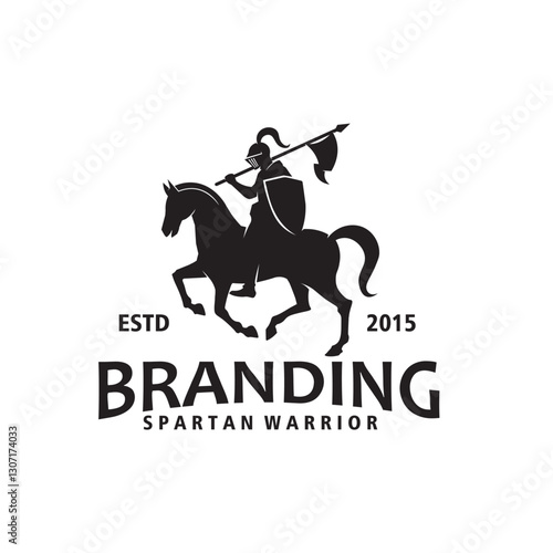 Spartan knight riding horse and holding flag with shield silhouette vintage logo vector illustration