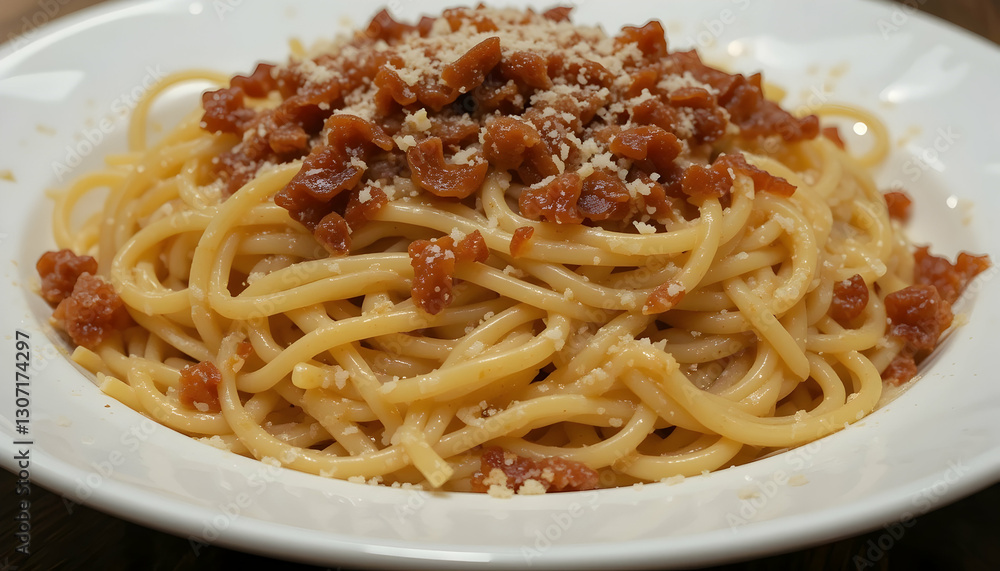 Serving of Spaghetti with Toppings on a White Plate Close-up Serving of Spaghetti with Toppings on a White Plate Close-up