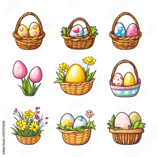 Easter egg baskets and eggs with colorful floral spring holiday design