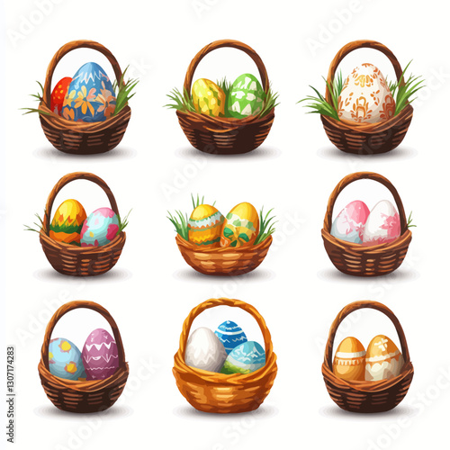 Assorted Easter Eggs in Wicker Baskets on White Background Holiday Theme