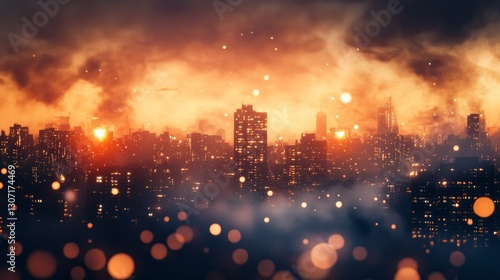 fire, line-art, macro, cityscape background, bright fire contrasting against the night skyline, soft smoke blending with the city lights.