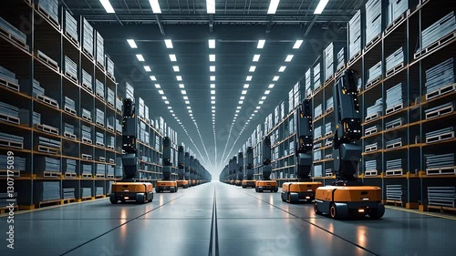 Automated Smart Warehouse with Rows of Tall Storage Shelves and Multiple Autonomous Robots Handling Logistics and Inventory

 photo