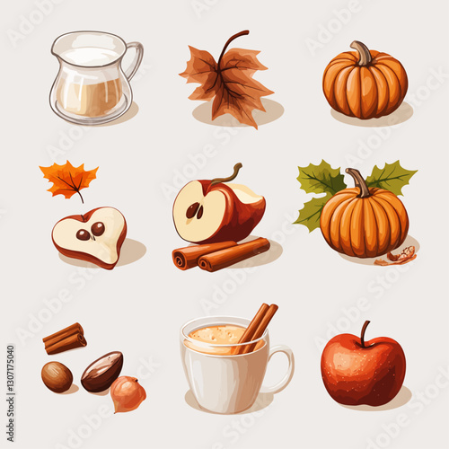 Autumn spice: pumpkin latte, apple, cinnamon, nutmeg and fall leaves