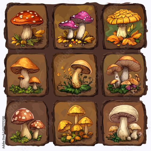 Assorted Mushrooms, Variety of Fungi, Autumn Forest Theme, Illustrated Design