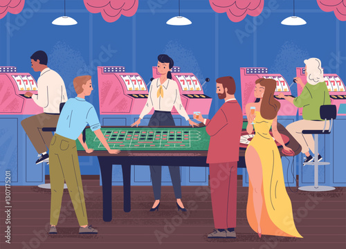 People casino interior. Gambling game visitor plays poker or blackjack at table inside hall, gambler player slots machine room industrial gamble, cartoon classy vector illustration