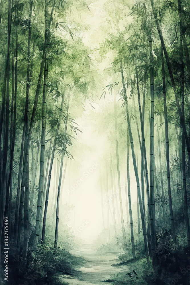 Naklejka premium Abstract Watercolor Forest Scene with Sunlit Bamboo Grove and Misty Mountain Background Wall Art