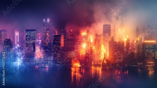 fire, line-art, macro, cityscape background, bright fire contrasting against the night skyline, soft smoke blending with the city lights.