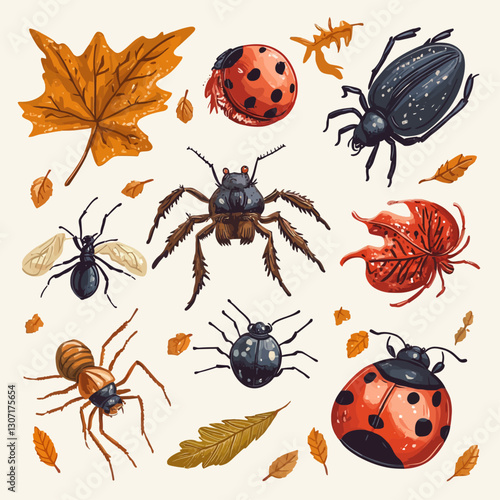 Autumn Insects and Leaf Illustrations, Spiders, Beetles, Ladybugs, Leaves