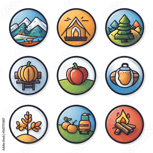 Autumn Adventure Icons: Camping, Harvest, and Nature Elements Collection