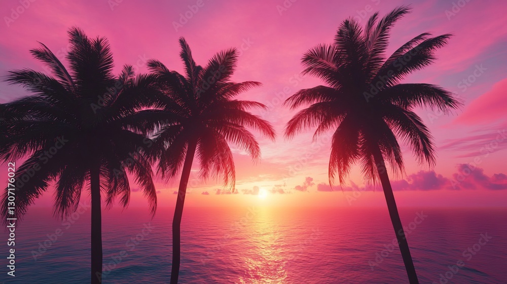 Silhouette of palm trees against a vibrant pink and orange sunset sky, calm ocean in the background, tropical and serene scene, ultra-realistic, 4K. Silhouette of palm trees against a vibrant pink and orange sunset sky, calm ocean in the background, tropical and serene scene, ultra-realistic, 4K.