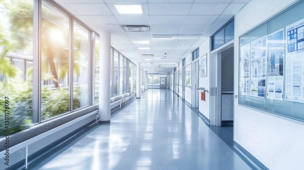 Bright and modern hospital corridor with panoramic windows and soft lighting. Spacious medical hallway with a light blue color palette, abstract blurred background, and ample copy space for healthcare Bright and modern hospital corridor with panoramic windows and soft lighting. Spacious medical hallway with a light blue color palette, abstract blurred background, and ample copy space for healthcare