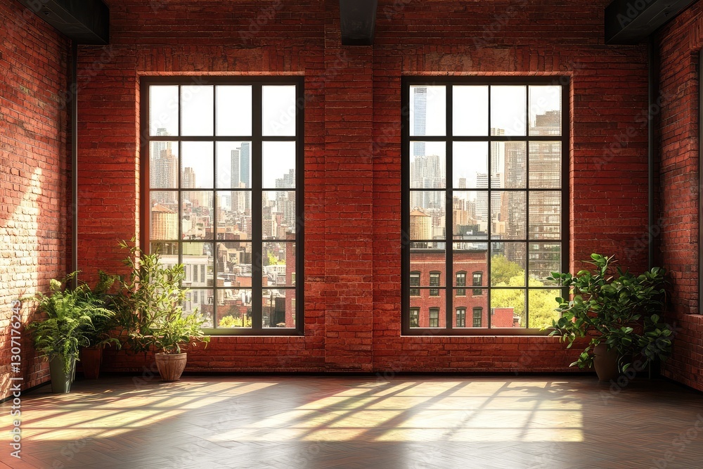 Fototapeta premium Red Brick Conference Room with Futuristic Furniture. AI generated illustration.