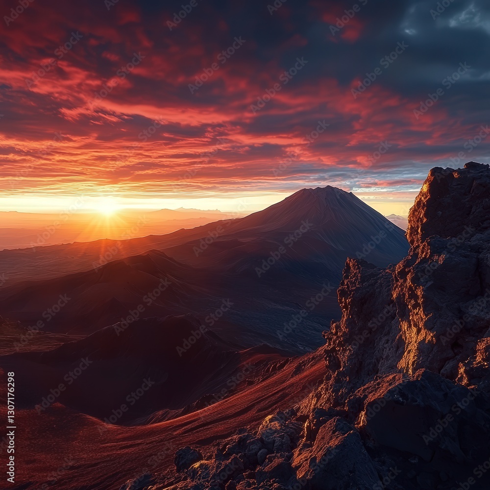 Fototapeta premium a volcanic sunrise, with vibrant hues of red and orange filling the sky as the sun rises over the peak