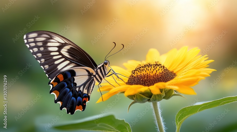 Fototapeta premium Butterfly feeding on sunflower in a garden at sunrise