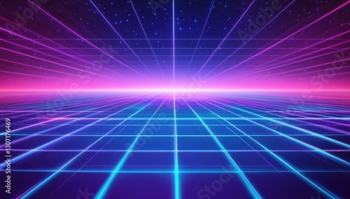 Wallpaper Mural Futuristic Neon Landscape with Grid Pattern and Starry Sky for Cyberpunk, Sci-Fi, and Retro Aesthetic Projects Torontodigital.ca