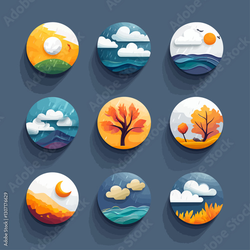Weather Icon Set with Sun Rain Tree Moon and Sky in Minimalist Design