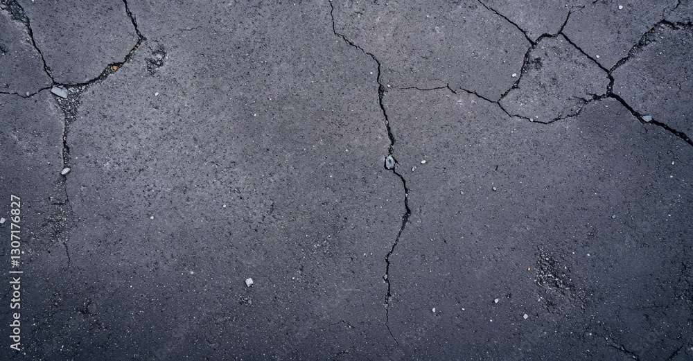 Obraz premium A close-up view of a cracked, weathered asphalt surface, showcasing various fissures and textures.