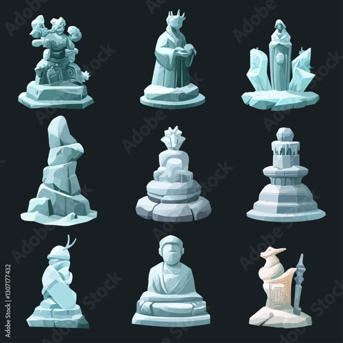 Collection of nine stylized stone sculptures on a dark background