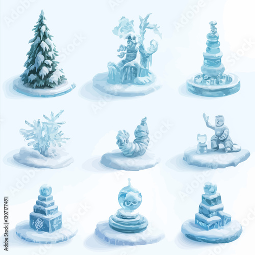 Set of magical winter ice sculptures of creatures and geometric shapes