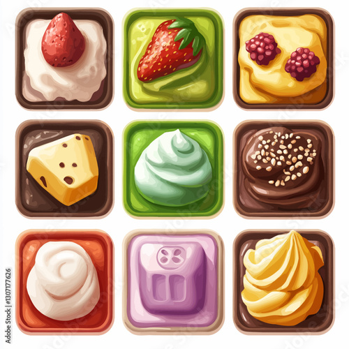 Cartoon desserts in squared trays: strawberry, raspberry, chocolate swirl