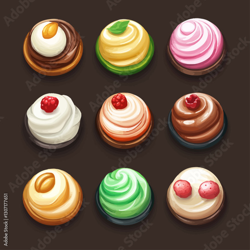 Assorted colorful gourmet truffle desserts with cream, almond, and raspberry