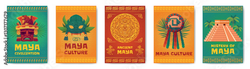 Maya civilization posters. Mayan aztec inca culture cover with text, mexico ancient prehistoric tribe culture religion ritual cartoon wallpaper design, swanky vector illustration
