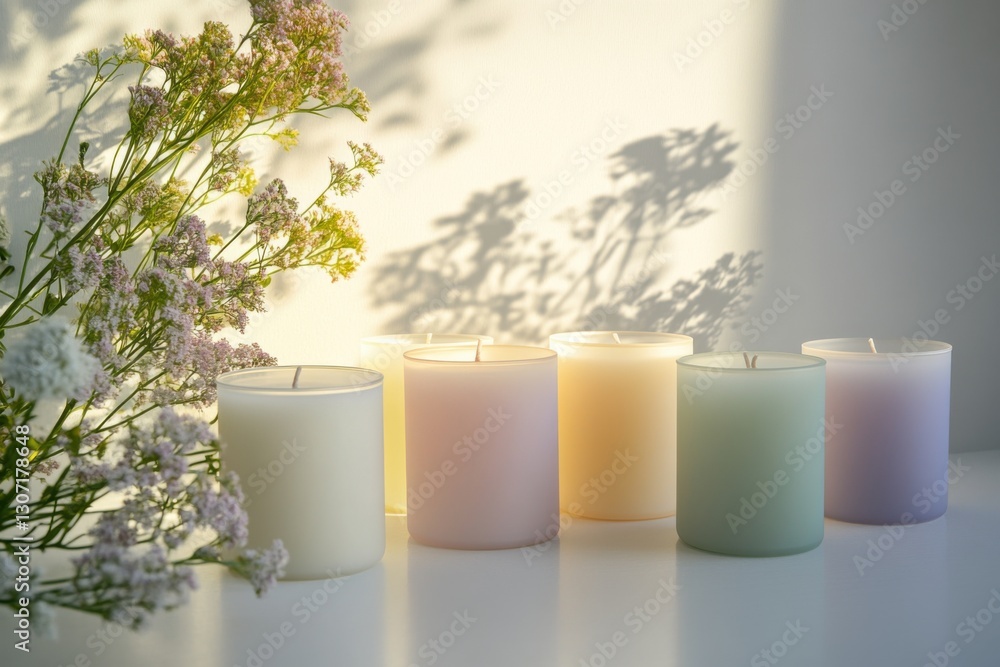 Decorative candles casting soft shadows in a serene studio setting with flowers Decorative candles casting soft shadows in a serene studio setting with flowers