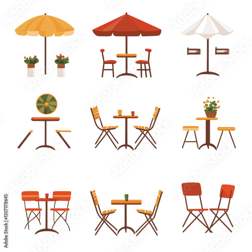 Outdoor cafe furniture set with umbrellas and chairs in flat vector design