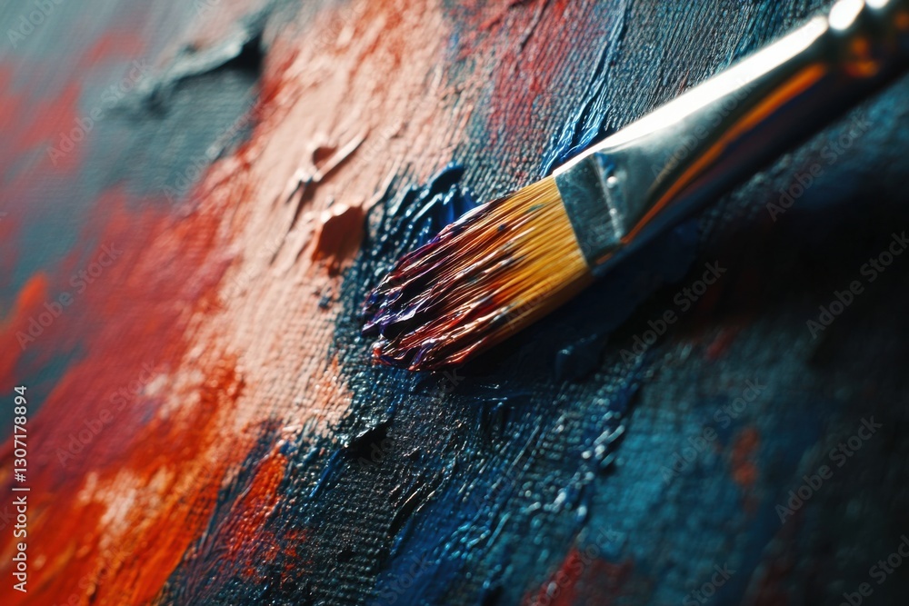 Fototapeta premium Artistic exploration with a brush on a vibrant canvas filled with texture and color in a studio setting