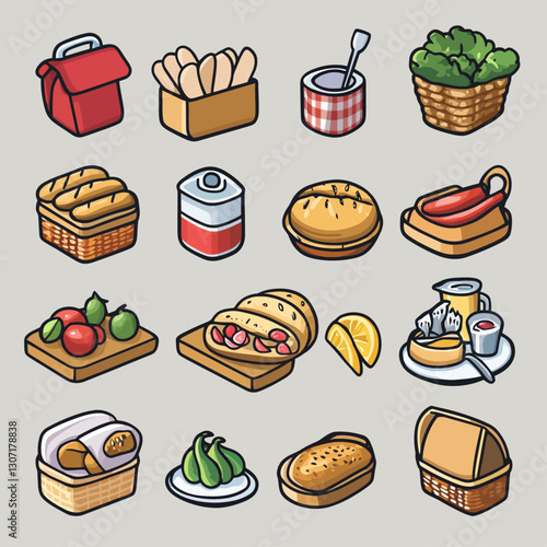 Cartoon Meal Prep Icons: Lunchbox, Bread, Fruits, and Canned Food