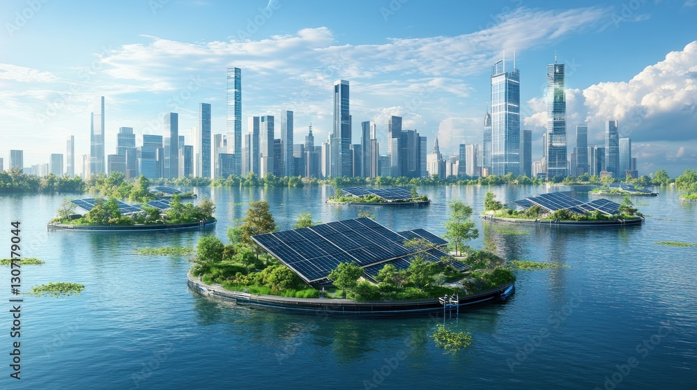Fototapeta premium Futuristic city skyline with solar islands in a serene water landscape under a clear sky