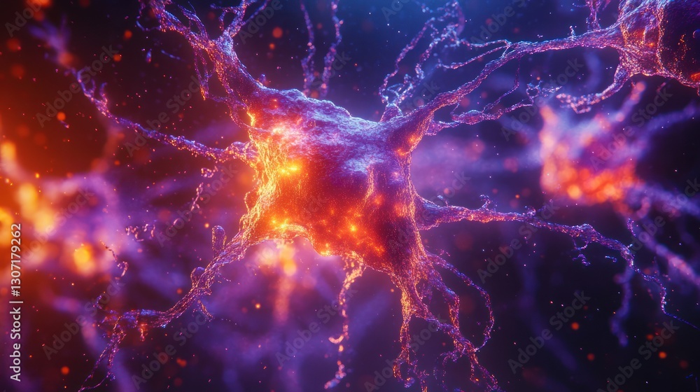 Microscopic view of a vibrant neuron, glowing with intense orange and purple energy, intricately detailed, against a dark background. Microscopic view of a vibrant neuron, glowing with intense orange and purple energy, intricately detailed, against a dark background.