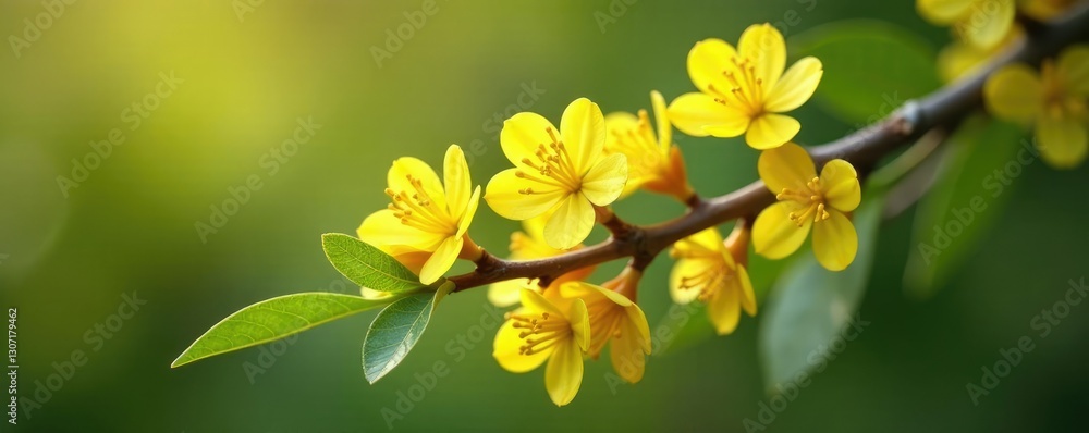 Obraz premium Delicate acacia flowers unfold in clusters on a woody branch, bloom, flowers, acacia
