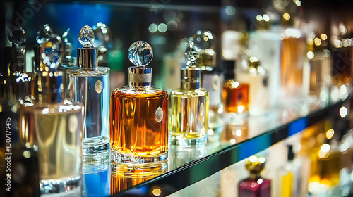 A shelf of perfume bottles with a variety of scents