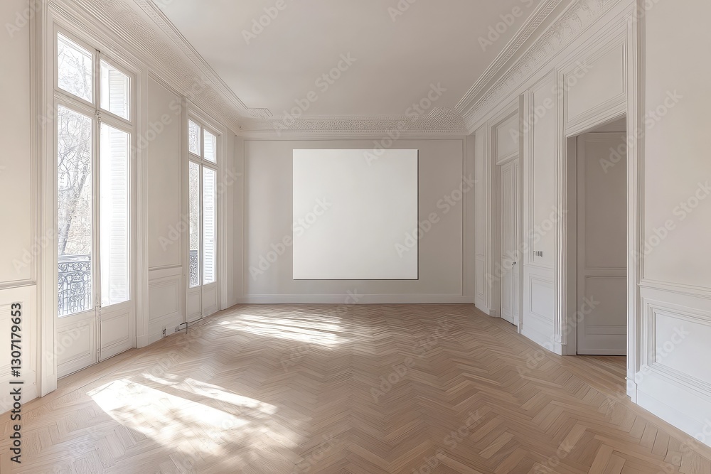 Fototapeta premium Spacious empty hall with blank white poster. AI generated illustration.