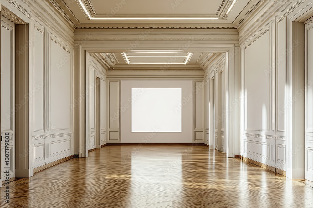 Obraz premium Spacious empty hall with blank white poster. AI generated illustration.