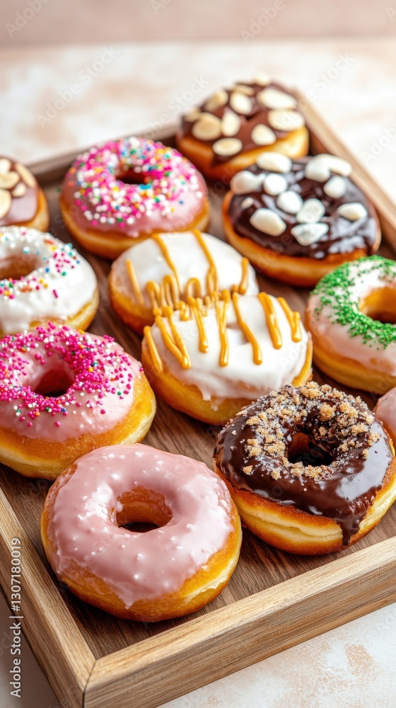 Assorted glazed donuts with sprinkles and nuts on wooden tray Assorted glazed donuts with sprinkles and nuts on wooden tray