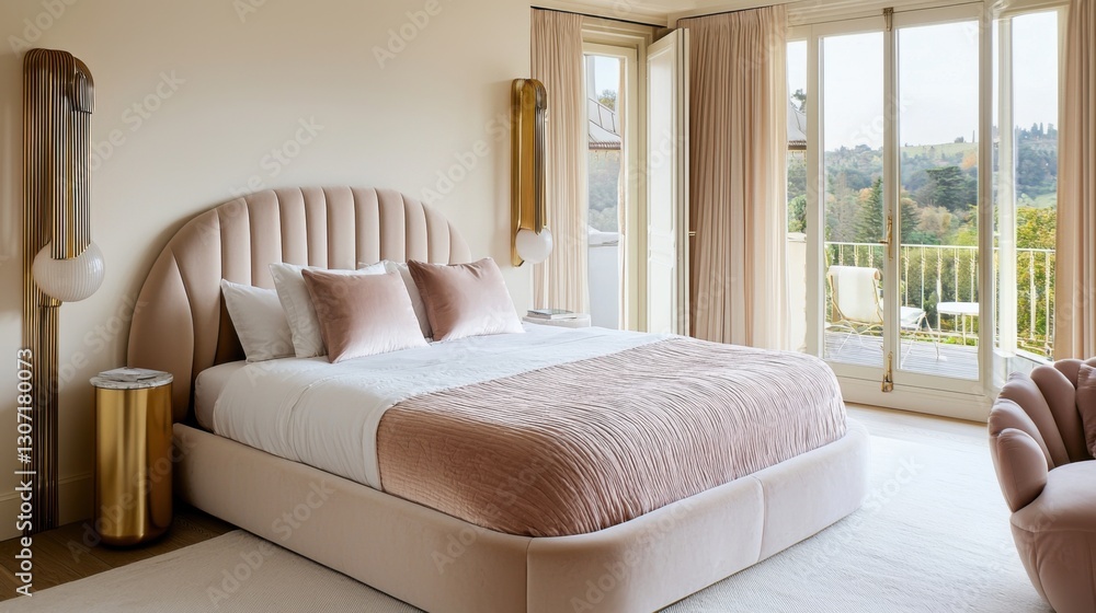 Fototapeta premium Scandinavian 50s Hollywood bedroom, soft beige walls, rounded velvet bed, silky pink designer bedding, gold trimmed pillows, sculptural bedside lamps