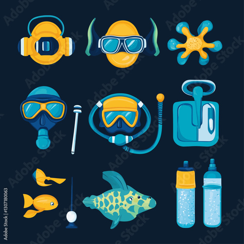 Scuba Diving Gear Flat Lay with Masks, Regulator, Fish, and Water Bottles
