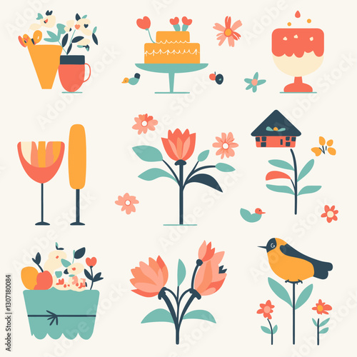 Decorative elements with cake, flowers, birds, and stylized illustrations