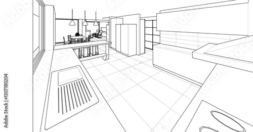 kitchen interior sketch 3D illustration