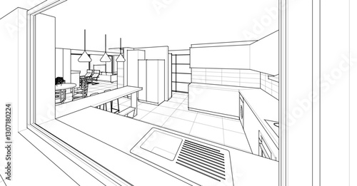 kitchen interior sketch 3D illustration