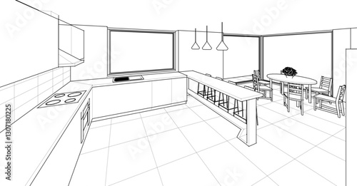kitchen interior sketch 3D illustration