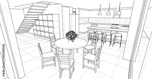 kitchen interior sketch 3D illustration