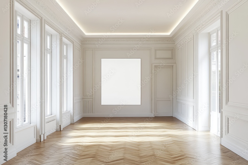 Obraz premium Spacious empty hall with blank white poster. AI generated illustration.