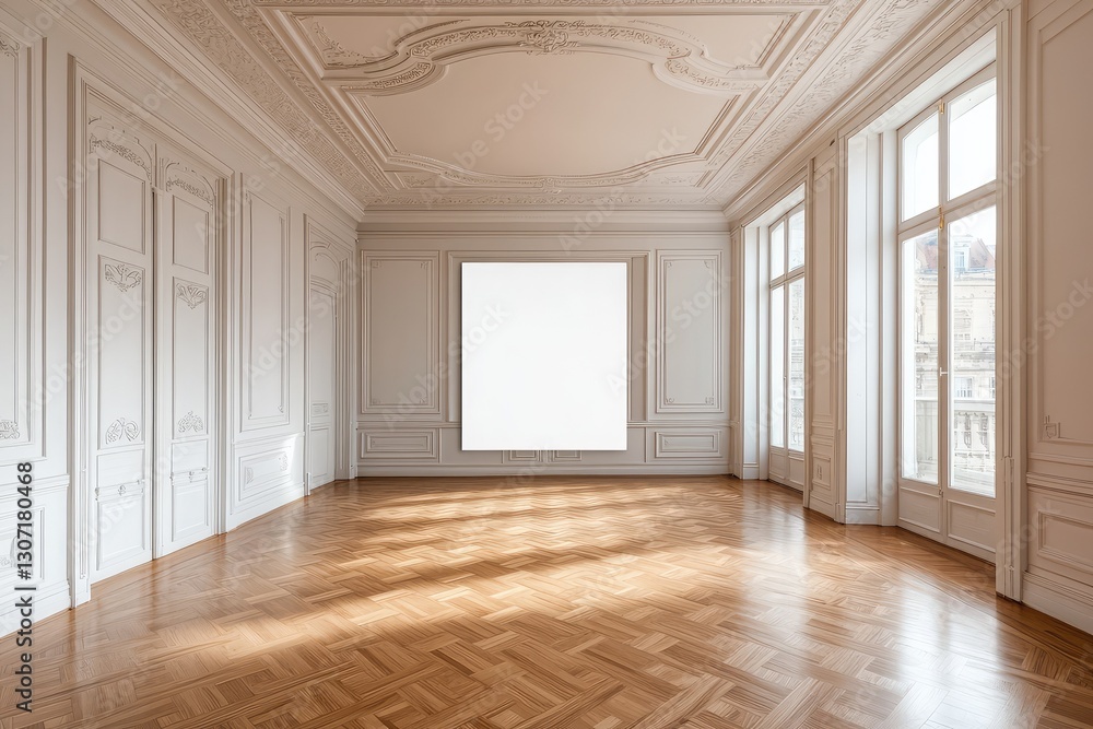 Obraz premium Spacious empty hall with blank white poster. AI generated illustration.