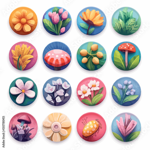 Twelve Button Icons with Flowers, Mushrooms, and an Insect on White BG