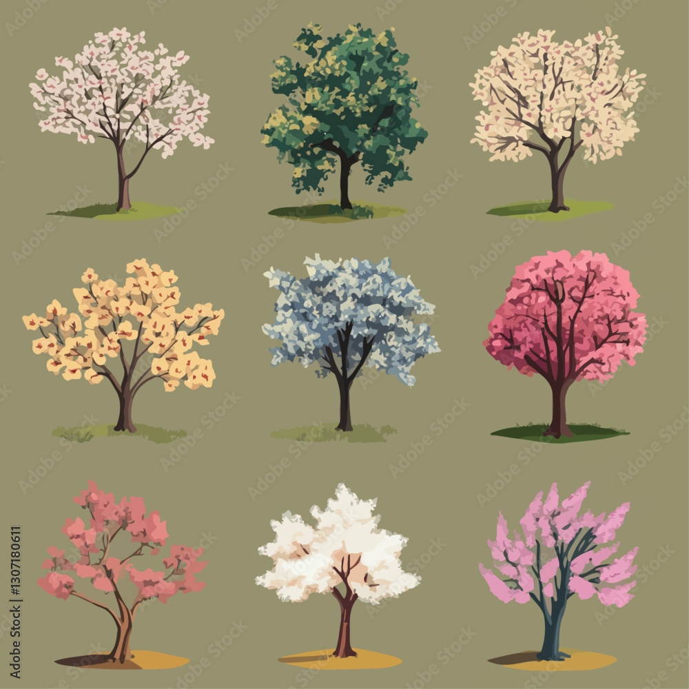 Fototapeta premium Colorful Flowering Tree Variations, Blooming Cherry Blossom Tree Set